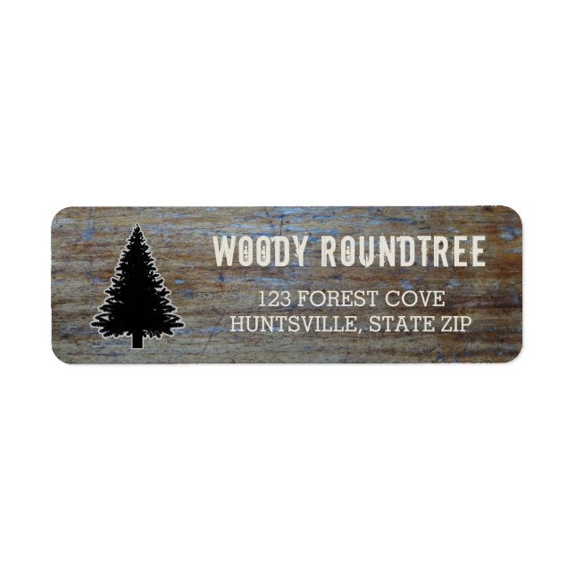 Rustic Wood Grain | Gräs Träd Evergreen Silhouette Returadress Etikett (Framsidan)