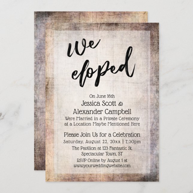 Rustic Wood Grain We Elope Typography Reception Inbjudningar (Fram/baksida)