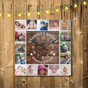Rustic Wood Grandma's Kitchen 16 Photo Collage Fyrkantig Klocka