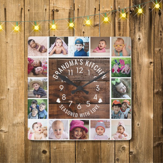 Rustic Wood Grandma's Kitchen 16 Photo Collage Fyrkantig Klocka (Rustic Wood Grandma's Kitchen 16 Photo Collage Square Wall Clock)