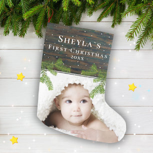 Rustic Wood Gräs Baby's First jul Photo Stor Julstrumpa