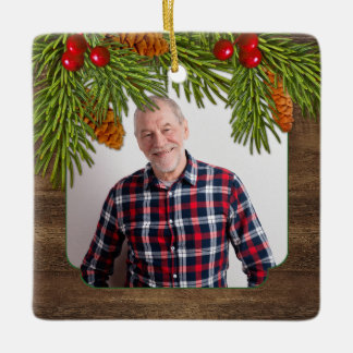 Rustic Wood Gräs Boughs Memorial Photo jul Julgransprydnad Keramik