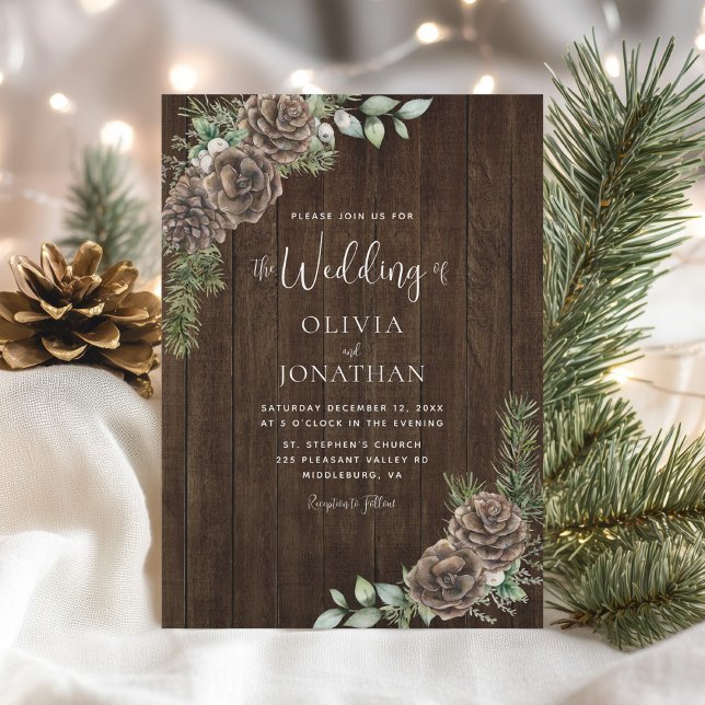 Rustic Wood Gräs Cone Winter Wedding Inbjudningar (Skapare uppladdad)