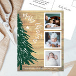 Rustic Wood Gräs Träd Photo Collage jul Helg Vykort<br><div class="desc">Skicka glatt hälsning och tre av ditt favoritbilder med ett snyggt 3-helgdag-vykort för fotokollage. Hälsning på den här mallen är enkelt att anpassa för att inkludera alla formuleringar, t.ex. God jul, Glad helg, Säsonhälsningar, nyårshandel osv. Det moderna lantbruket stil har en vintage brun träbakgrund, en rustisk botanisk grönt vattenfärg gräs...</div>