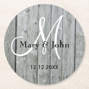 Rustic Wood Grått Bröllop Monogram Underlägg Papper Rund