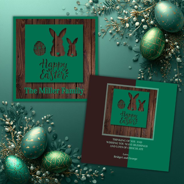 Rustic Wood Green Cutout Bunny happy Easter card Inbjudningar (Skapare uppladdad)
