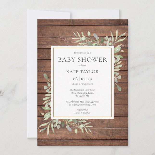 Rustic Wood Greenery Baby Shower / Sprinkle Inbjudningar (Framsida)