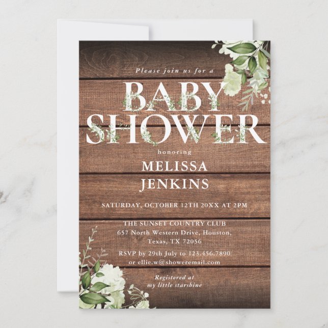 Rustic Wood Greenery Blommigt Brev Baby Shower Inbjudningar (Framsida)