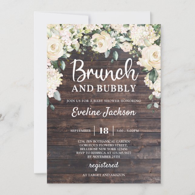 Rustic wood greenery boho blommigt brunch och bubb inbjudningar (Framsida)
