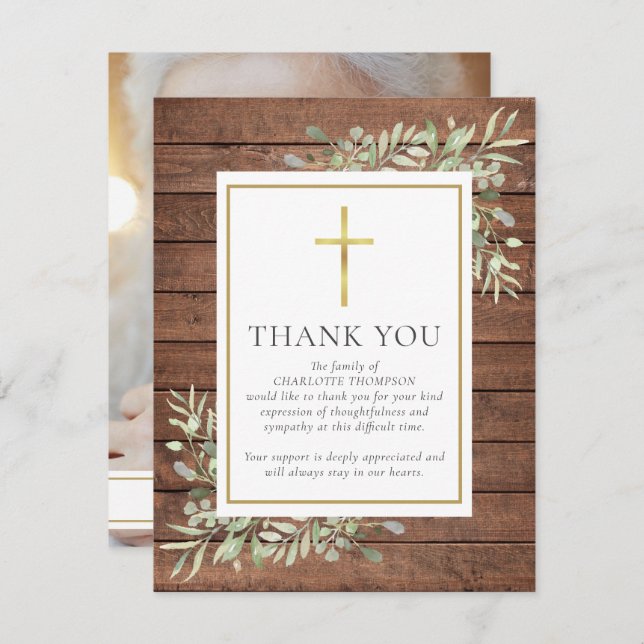 Rustic Wood Greenery Christian Photo Funeral Tack Kort (Fram/baksida)