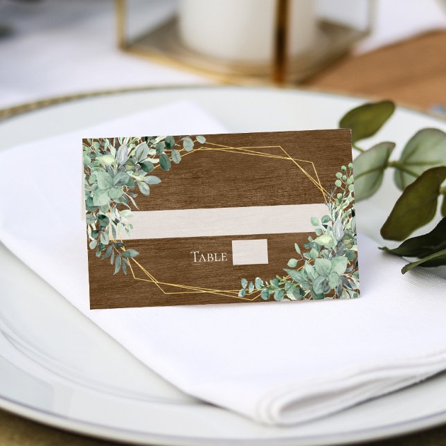Rustic Wood Greenery Eucalyptus Geometric Bröllop Placeringskort (Skapare uppladdad)
