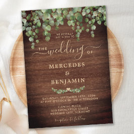 Rustic Wood Greenery Eucalyptus Guld Bröllop Inbjudningar