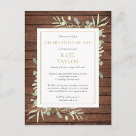 Rustic Wood Greenery Firande of Life Funeral Meddelande Vykort