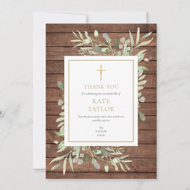 Rustic Wood Greenery Funeral Memorial Guld Kor Tack Kort (Framsida)