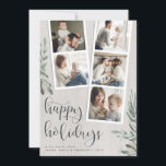 Rustic Wood Greenery jul Photo Booth Collage Julkort<br><div class="desc">Rustic helgdag-fotokort med två fotorremsor, ett med tre foton och ett med två foton, för sammanlagt fem foton. Anpassa med året och din familj namn eller namn i modern sans-serif-skrift, på en land träbakgrund med grönt vattenfärgsgröna löv placerade elegant på sidorna. "Glad helg" visas i ett chic calligraphy-skript i en...</div>