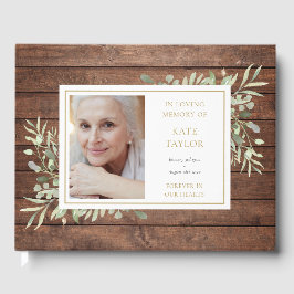 Rustic Wood Greenery Loving Memory Photo Funeral Gästböcker