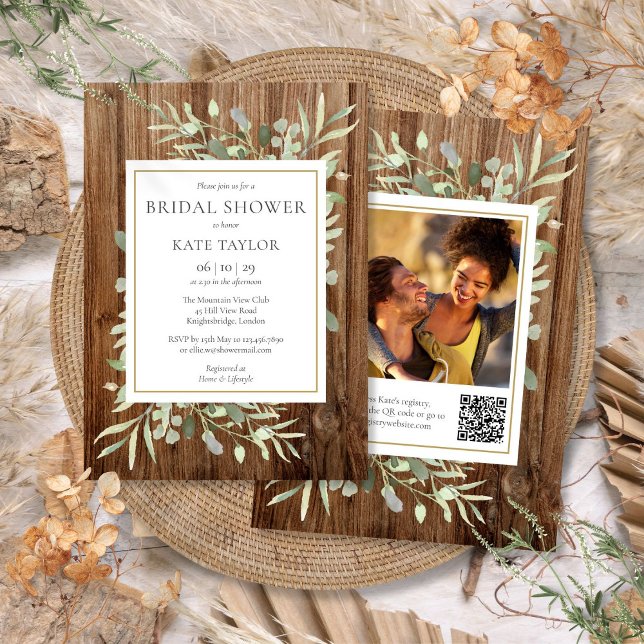 Rustic Wood Greenery QR-kodsfoto-Möhippa Inbjudningar (Rustic Wood Greenery QR Code Photo Bridal Shower Invitation)