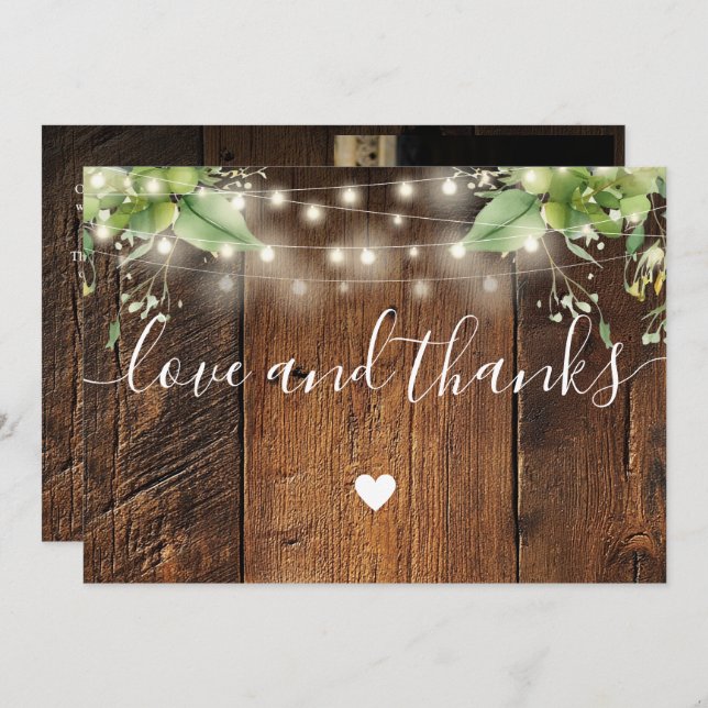 Rustic Wood Greenery String Lights Wedding Photo Tack Kort (Fram/baksida)