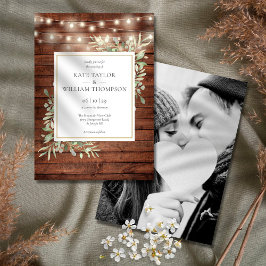 Rustic Wood Greenery String Ljus Bröllop Photo Inbjudningar