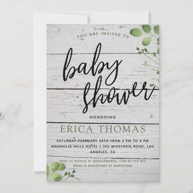 Rustic Wood Greenery Typography Baby Shower Inbjud (Framsida)