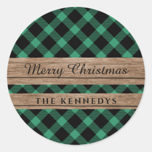 Rustic Wood Grönt Black Buffalo Plaid jul Runt Klistermärke