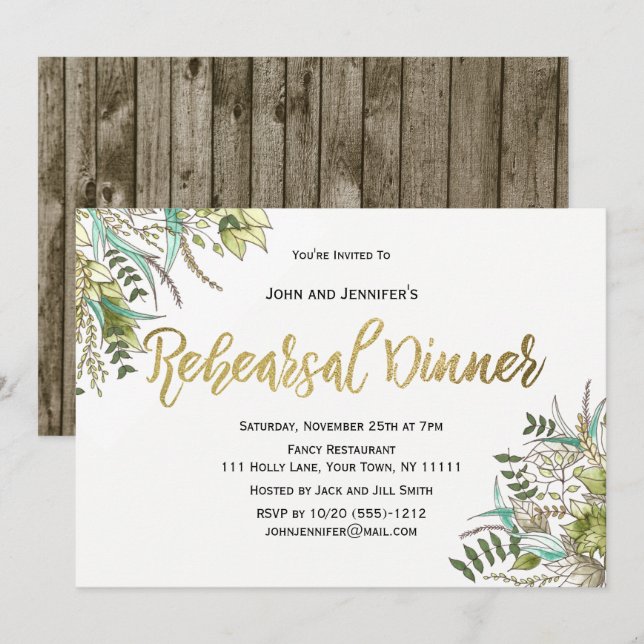 Rustic Wood Grönt Löv Guld Rehearsal Middag Inbjudningar (Fram/baksida)