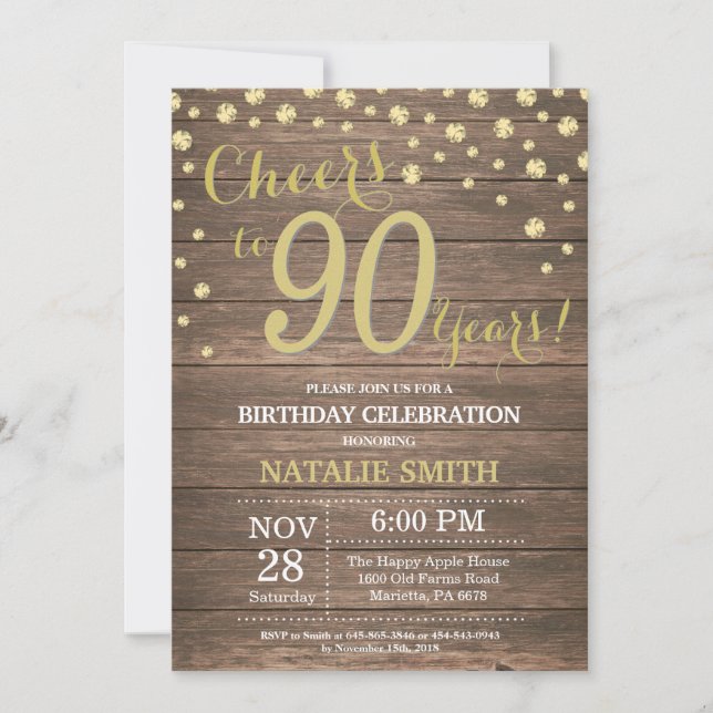 Rustic Wood Guld 90:e Birthday Diamond Inbjudningar (Framsida)