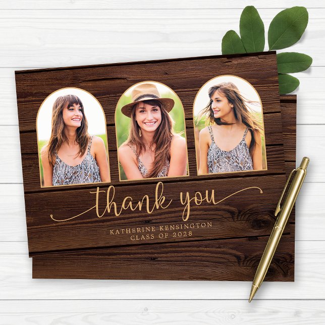 Rustic Wood Guld Arch 3 Photo Studenten Tack Kort (Rustic Wood Gold Arch 3 Photo Graduation Thank You Card)