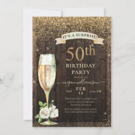 Rustic Wood Guld Blommigt Surprise 50:e födelsedag Inbjudningar