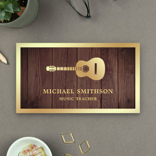 Rustic Wood Guld Guitar Music Teacher Guitarist Visitkort
