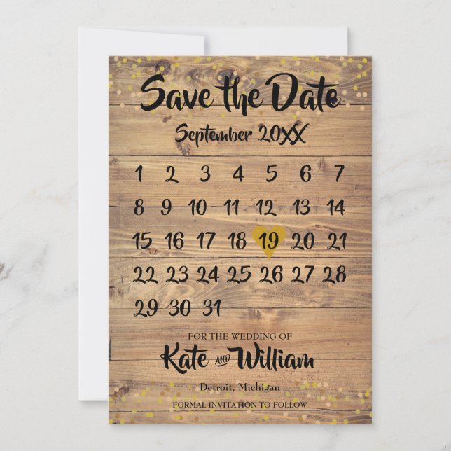 Rustic Wood Guld Kärlek Heart Calendar Spara datum Spara Datumet (Framsida)