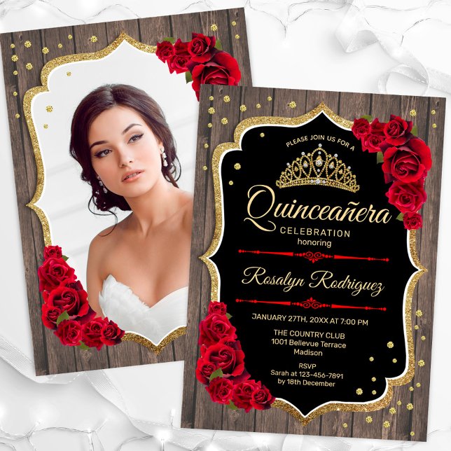 Rustic Wood Guld Red Photo Quinceanera Inbjudningar (Skapare uppladdad)