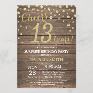 Rustic Wood Guld Surprise 13th Birthday Diamond Inbjudningar