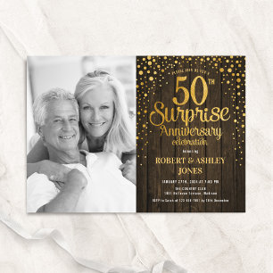 Rustic Wood Guld Surprise 50-årsfoto Inbjudningar