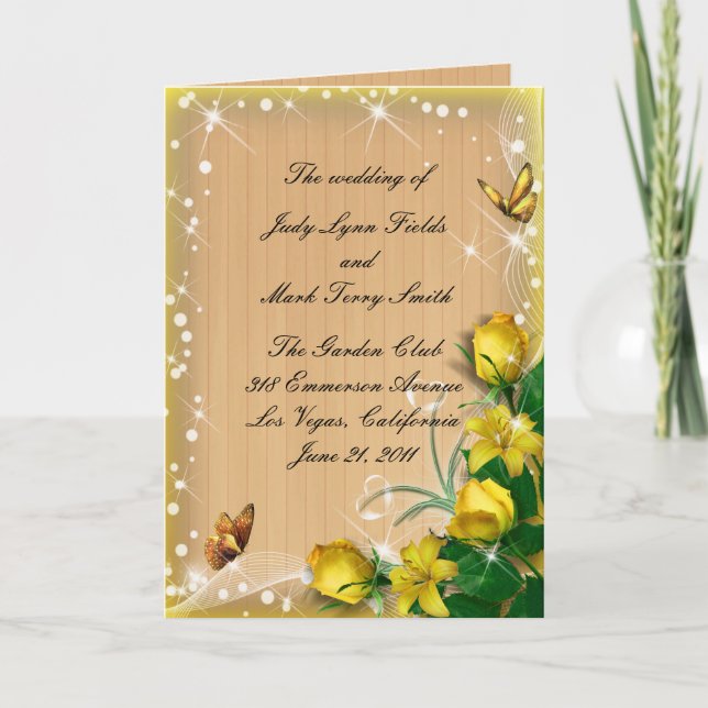 Rustic Wood Gult Blommigt Butterfly Program Card (Framsida)