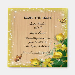 Rustic Wood Gult Blommigt Butterfly sparar datum Magnet