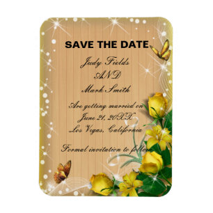 Rustic Wood Gult Blommigt Butterfly sparar datum Magnet