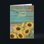 Rustic Wood Gult Solblommor Friend Birthday Card Kort<br><div class="desc">En rustik teal wood,  snöre och gult solblommor till min vän födelsedagskort. Invändigt kortmeddelande kan vara personlig om det behövs. Baksidan har en trä- och solrosdesign. Se alla foton. Det här söt rustiska vänkortet skulle göra en underbar keepsaké för henne.</div>