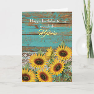 Rustic Wood Gult Sunblommblommor Babcia Birthday Kort