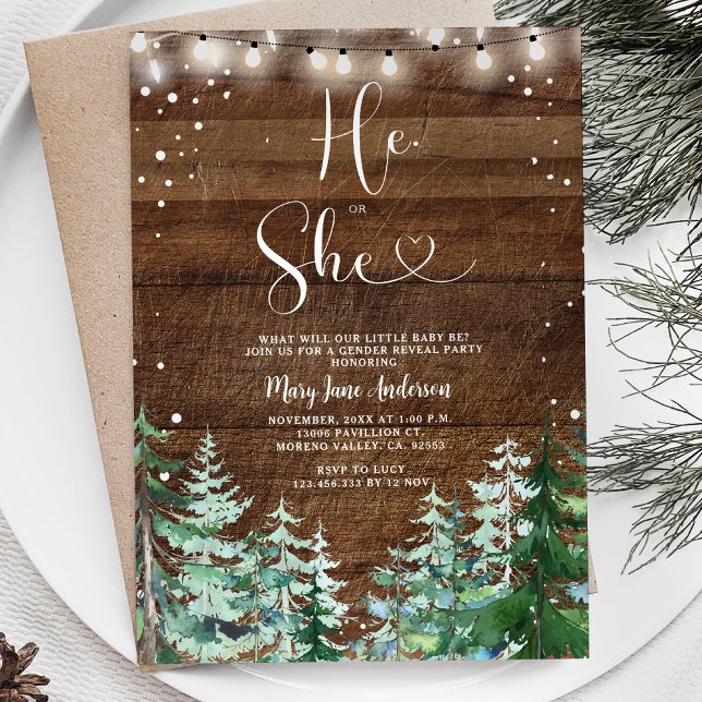 Rustic Wood Han eller hon Vinter Gender Reveal Inbjudningar (Skapare uppladdad)