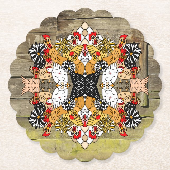 Rustic Wood Hand plockade Funny Tecknad Chicken Ar Underlägg Papper (Framsida)