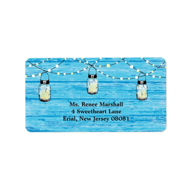 Rustic Wood Hanging Mason Burk och Ljus Bröllop Adressetikett (Framsidan)