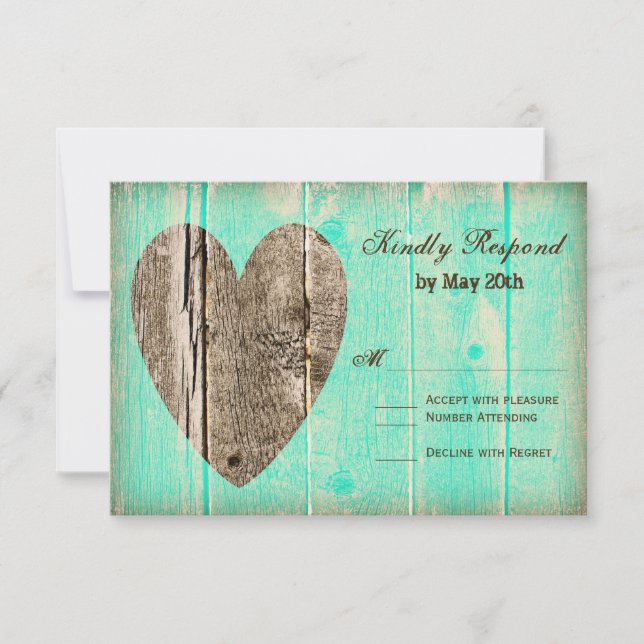 Rustic Wood Heart Aqua Landsbyggsbröllop OSA kort (Framsida)