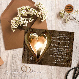 Rustic Wood Heart Photo Bröllop Inbjudningar