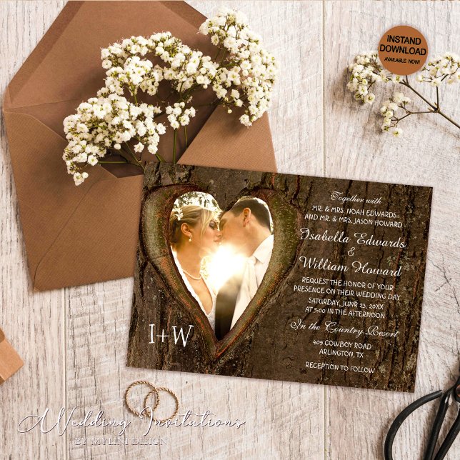 Rustic Wood Heart Photo Bröllop Inbjudningar (Skapare uppladdad)