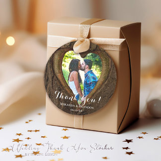Rustic Wood Heart Photo Bröllop Tack Runt Klistermärke