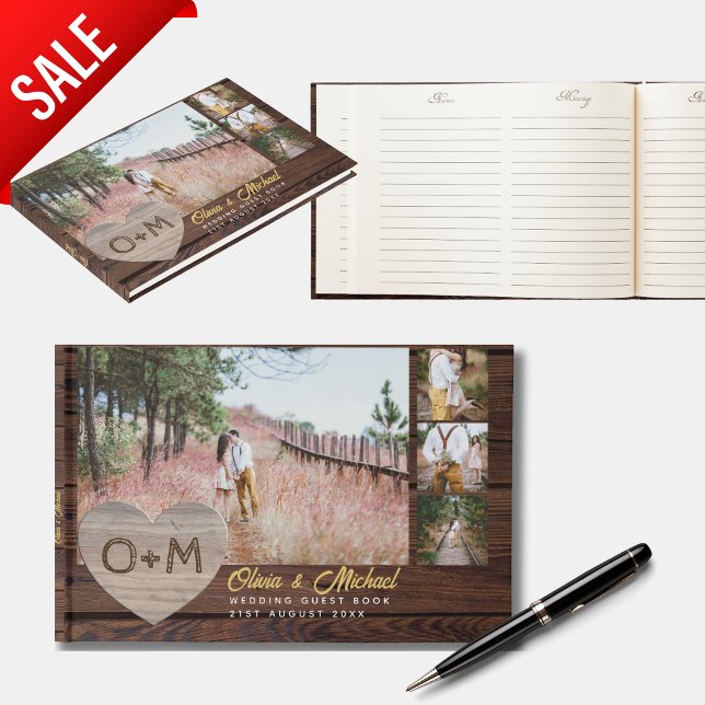 Rustic Wood Heart PHOTO Collage Newlyweds Bröllop Gästböcker (Skapare uppladdad)