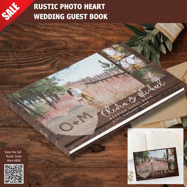 Rustic Wood Heart PHOTO Collage Newlyweds Bröllop Gästböcker (Skapare uppladdad)