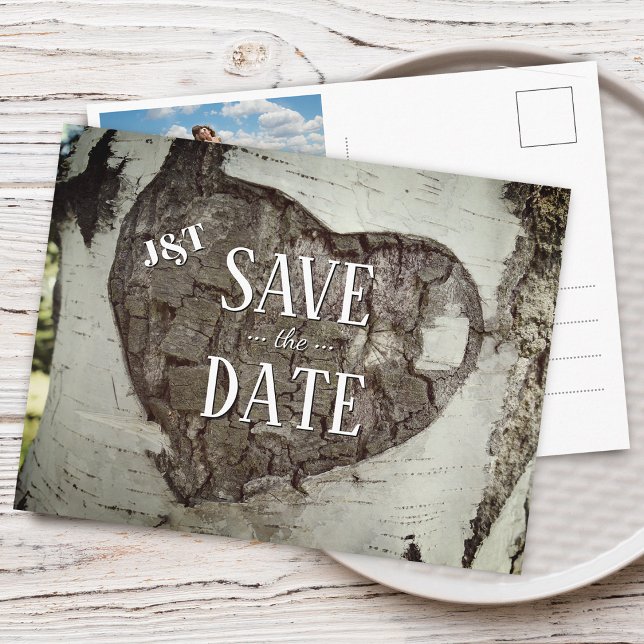Rustic Wood Heart Photo Save Date Meddelande Vykort (Rustic Wood Heart Photo Save the Date Announcement Postcard)