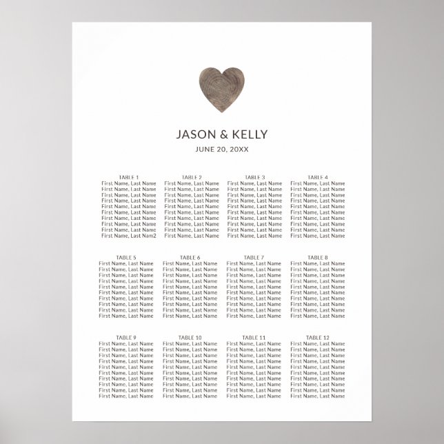 Rustic Wood Heart-sätesdiagram för Bröllop Poster (Framsidan)